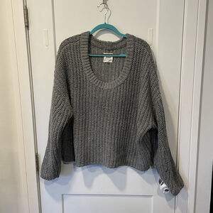 AERIE Women’s Oversized Scoop Neck Ribbed Knit Sweatshirt Gray XL